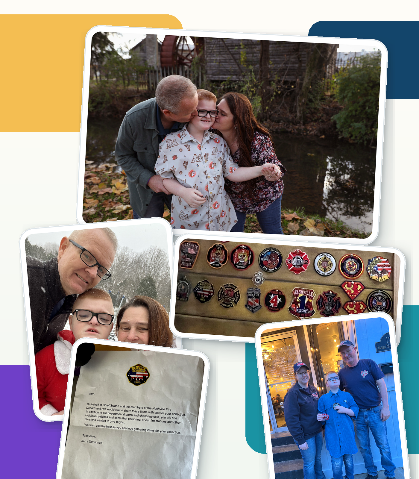 Collage of Liam, his family, Nashville patches, and patch collection photos